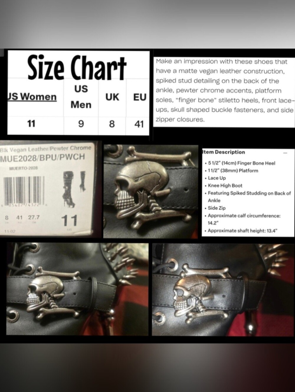 Demonia muerto 2028 chrome bone spiked heel skull buckle lace up boots 11 BNIB - Picture 4 of 17